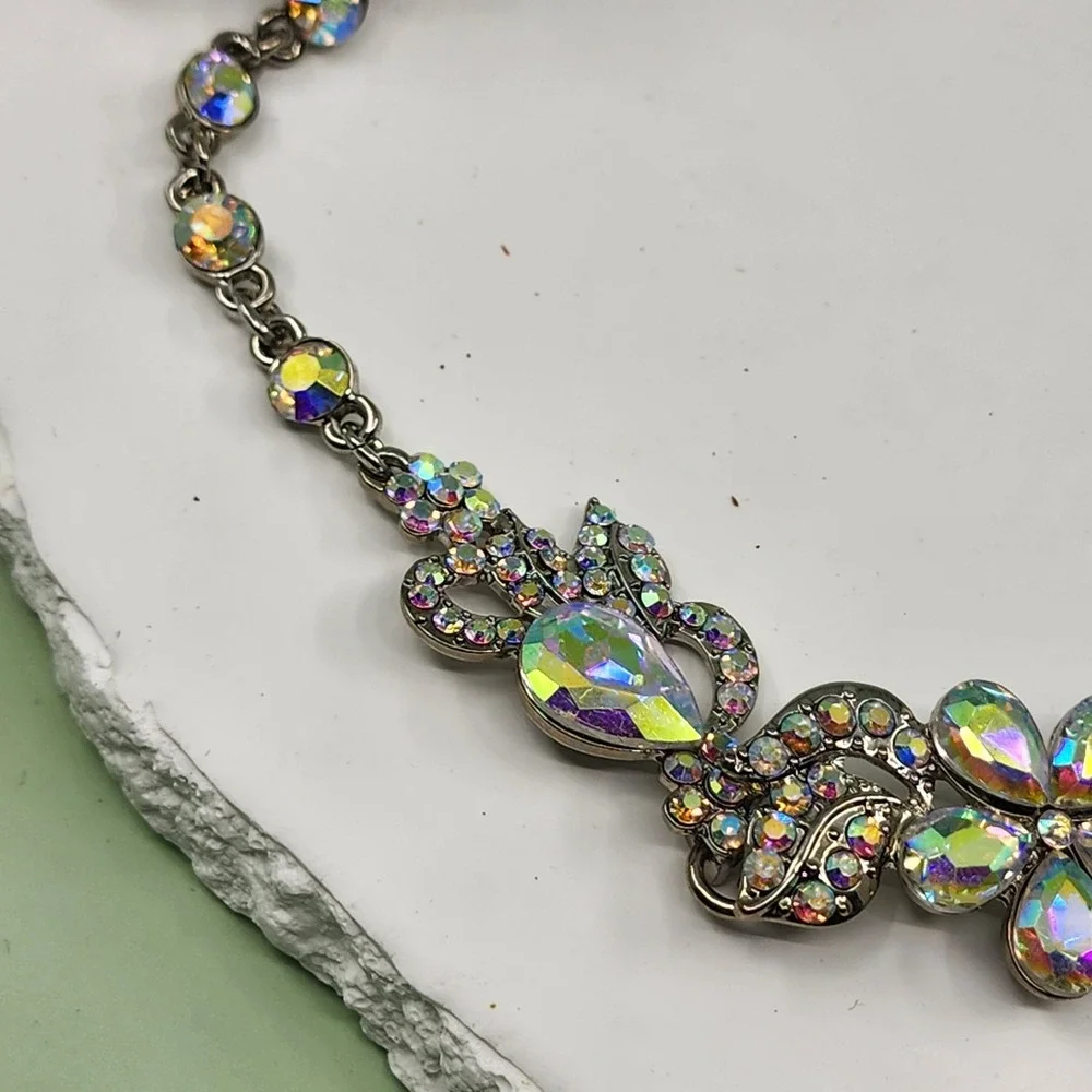 Disney AB Rhinestone Floral Bib Statement Necklace Silver Tone Iridescent Glam
